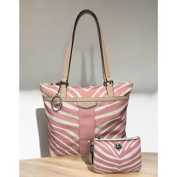 Coach F23283 Zebra Print Canvas Tote Bag & Matching Wristlet - Picture 1 of 14